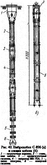 Подпись: Рис. 40. Виброхобот С-896 (а) и секция хобота (б): 1 — загрузочная воронка, 2 — стальные канаты, 3 — промежуточный гаситель, 4 — вибратор ИВ-70А, 5 — звено обогрева, 6 — концевой гаситель 